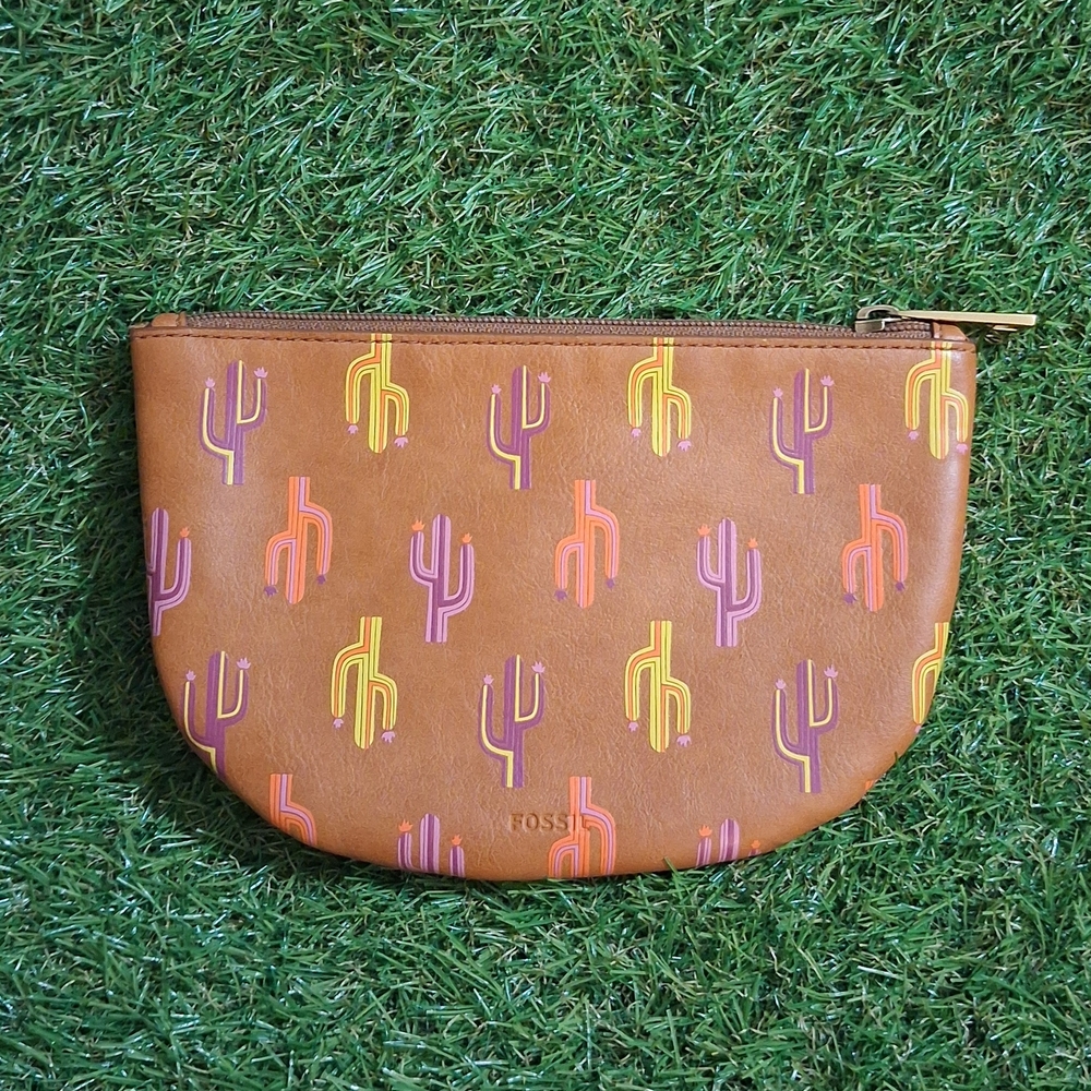 Fossil Brown Cactus Print Leather Zip Pouch